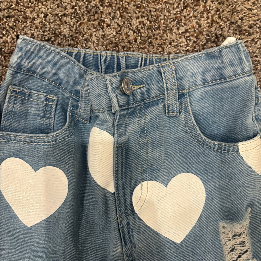 Kids girls youth Denim Heart Print Distressed Jeans - White Hearts size 7Y - Picture 4 of 5